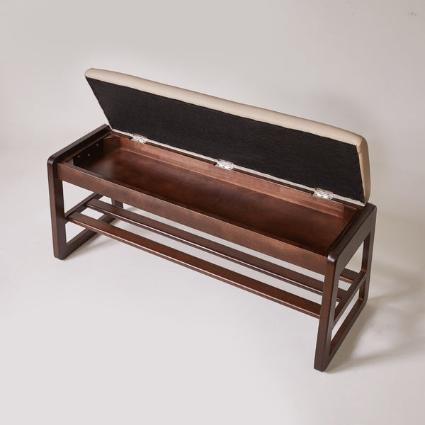 English Elm Wood Entryway Bench with Vegan Leather Seat Lift Top Compartment and Tiered Shoe Shelves Off-White+Pecan W5368P499423
