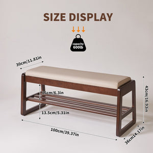 English Elm Wood Entryway Bench with Vegan Leather Seat Lift Top Compartment and Tiered Shoe Shelves Off-White+Pecan W5368P499423