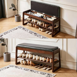 English Elm Wood Entryway Bench with Vegan Leather Seat Lift Top Compartment and Tiered Shoe Shelves Green W5368P511006