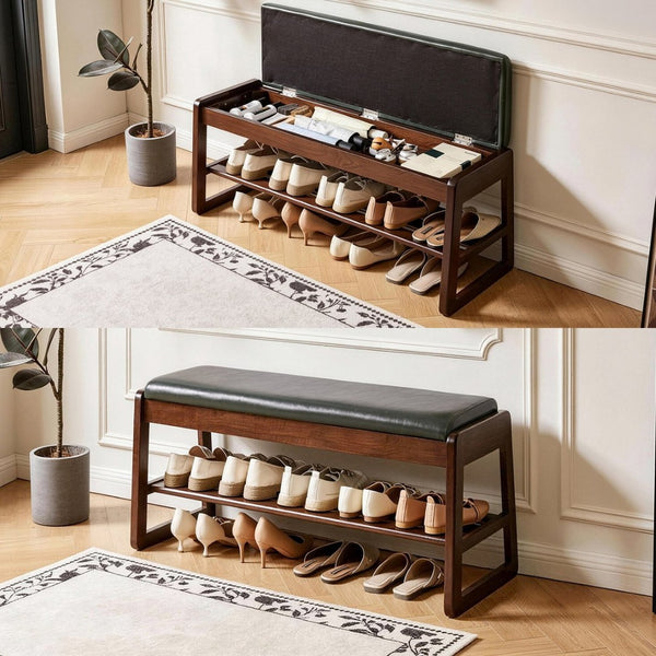 English Elm Wood Entryway Bench with Vegan Leather Seat Lift Top Compartment and Tiered Shoe Shelves Green W5368P511006