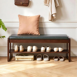 English Elm Wood Entryway Bench with Vegan Leather Seat Lift Top Compartment and Tiered Shoe Shelves Green W5368P511006