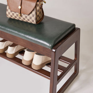 English Elm Wood Entryway Bench with Vegan Leather Seat Lift Top Compartment and Tiered Shoe Shelves Green W5368P511006