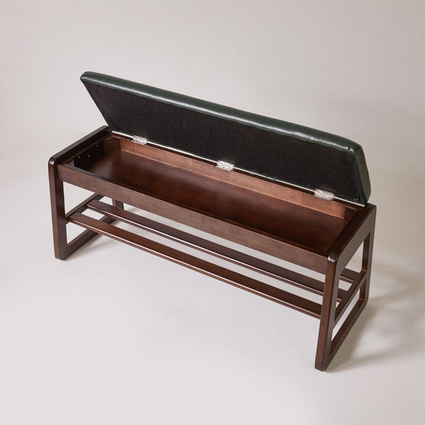 English Elm Wood Entryway Bench with Vegan Leather Seat Lift Top Compartment and Tiered Shoe Shelves Green W5368P511006