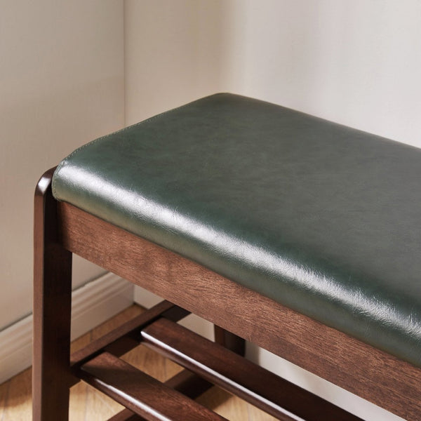 English Elm Wood Entryway Bench with Vegan Leather Seat Lift Top Compartment and Tiered Shoe Shelves Green W5368P511006