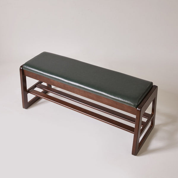 English Elm Wood Entryway Bench with Vegan Leather Seat Lift Top Compartment and Tiered Shoe Shelves Green W5368P511006
