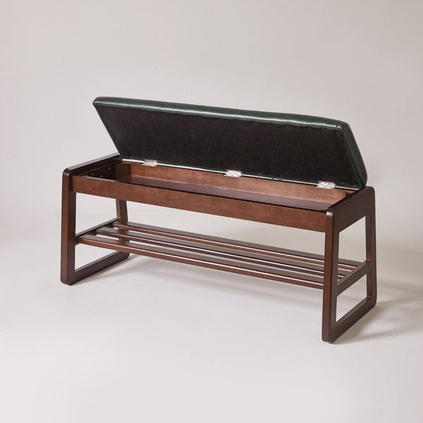 English Elm Wood Entryway Bench with Vegan Leather Seat Lift Top Compartment and Tiered Shoe Shelves Green W5368P511006