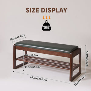 English Elm Wood Entryway Bench with Vegan Leather Seat Lift Top Compartment and Tiered Shoe Shelves Green W5368P511006