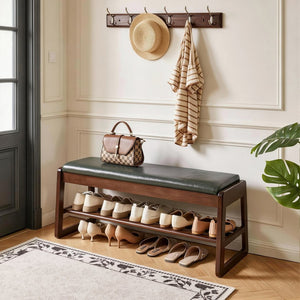 English Elm Wood Entryway Bench with Vegan Leather Seat Lift Top Compartment and Tiered Shoe Shelves Green W5368P511006