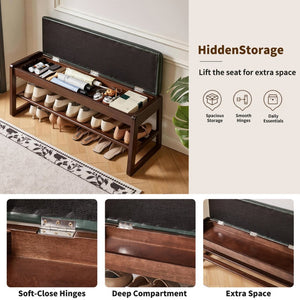 English Elm Wood Entryway Bench with Vegan Leather Seat Lift Top Compartment and Tiered Shoe Shelves Green W5368P511006