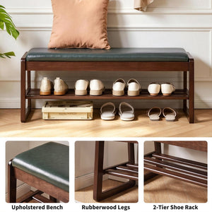 English Elm Wood Entryway Bench with Vegan Leather Seat Lift Top Compartment and Tiered Shoe Shelves Green W5368P511006