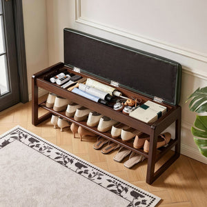 English Elm Wood Entryway Bench with Vegan Leather Seat Lift Top Compartment and Tiered Shoe Shelves Green W5368P511006