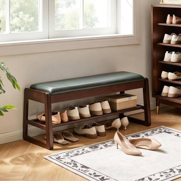 English Elm Wood Entryway Bench with Vegan Leather Seat Lift Top Compartment and Tiered Shoe Shelves Green W5368P511006