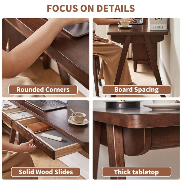 English Elm 100% Solid Rubberwood Writing Desk Retro Walnut Finish with Drawer for Home Office W5368P512517