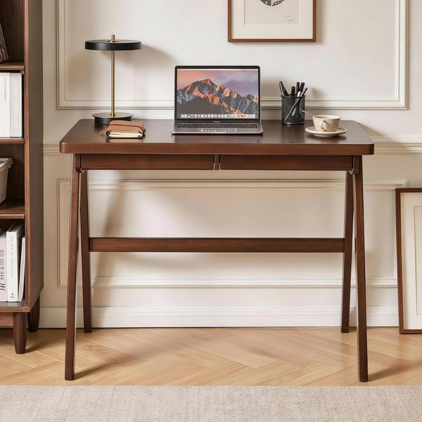 English Elm 100% Solid Rubberwood Writing Desk Retro Walnut Finish with Drawer for Home Office W5368P512517