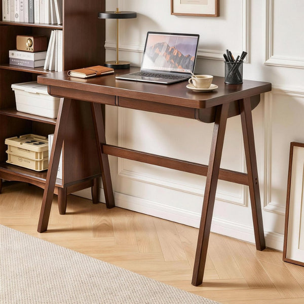 English Elm 100% Solid Rubberwood Writing Desk Retro Walnut Finish with Drawer for Home Office W5368P512517