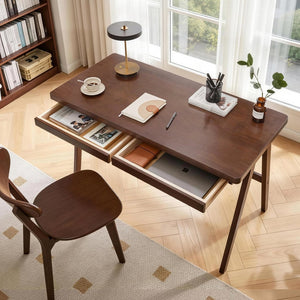 English Elm 100% Solid Rubberwood Writing Desk with Drawer Retro Walnut A-Frame Home Office W5368P512519