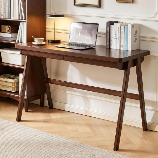 English Elm 100% Solid Rubberwood Writing Desk with Drawer Retro Walnut A-Frame Home Office W5368P512519