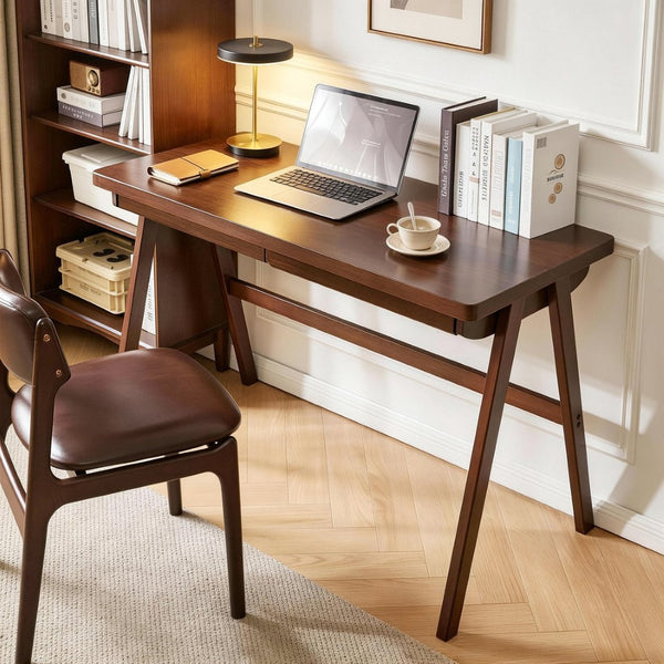 English Elm 100% Solid Rubberwood Writing Desk with Drawer Retro Walnut A-Frame Home Office W5368P512519