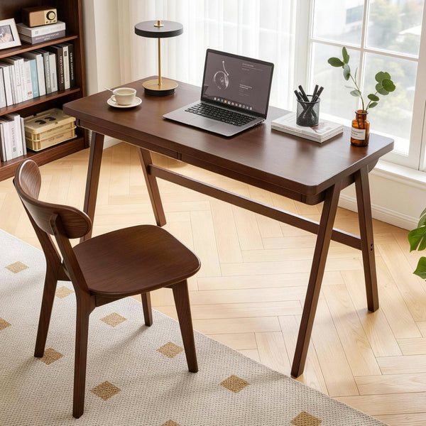 English Elm 100% Solid Rubberwood Writing Desk with Drawer Retro Walnut A-Frame Home Office W5368P512519