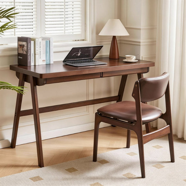 English Elm 100% Solid Rubberwood Writing Desk with Drawer Retro Walnut A-Frame Home Office W5368P512519