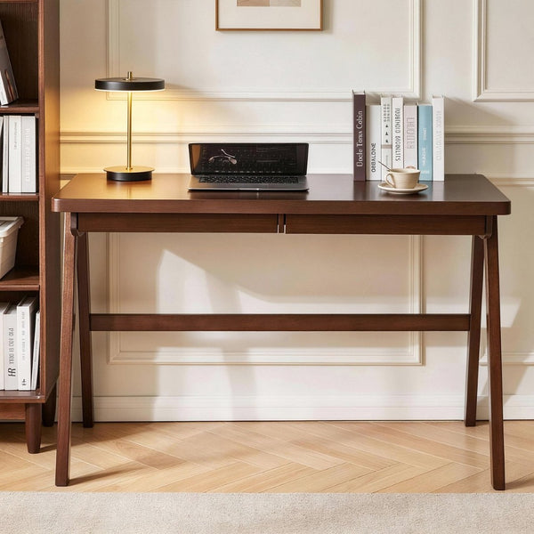 English Elm 100% Solid Rubberwood Writing Desk with Drawer Retro Walnut A-Frame Home Office W5368P512519