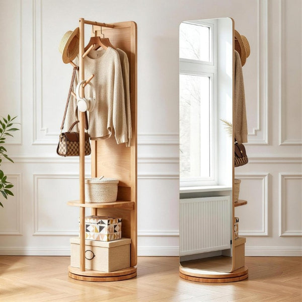 English Elm 360° Rotating Full Length Mirror with Rubberwood Frame Hooks Shelves for Bedroom W5368P514490