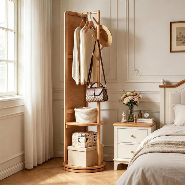 English Elm 360° Rotating Full Length Mirror with Rubberwood Frame Hooks Shelves for Bedroom W5368P514490