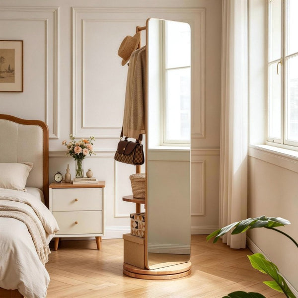 English Elm 360° Rotating Full Length Mirror with Rubberwood Frame Hooks Shelves for Bedroom W5368P514490