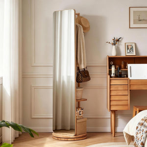 English Elm 360° Rotating Full Length Mirror with Rubberwood Frame Hooks Shelves for Bedroom W5368P514490