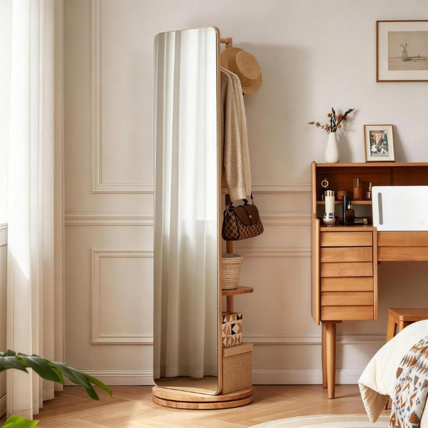 English Elm 360° Rotating Full Length Mirror with Rubberwood Frame Hooks Shelves for Bedroom W5368P514490