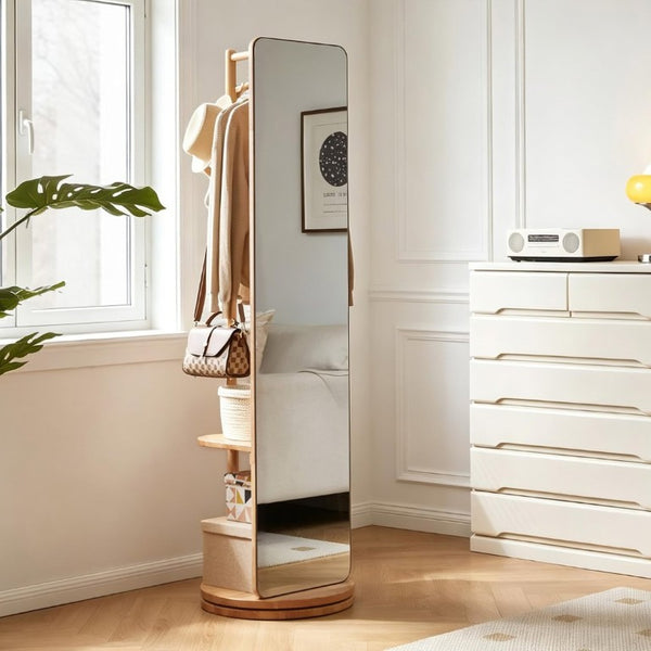 English Elm 360° Rotating Full Length Mirror with Rubberwood Frame Hooks Shelves for Bedroom W5368P514490