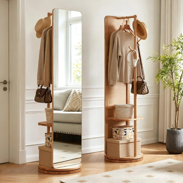 English Elm 360° Rotating Full Length Mirror with Rubberwood Frame Hooks Shelves for Bedroom W5368P514490