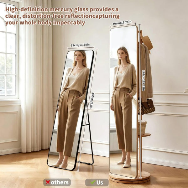 English Elm 360° Rotating Full Length Mirror with Rubberwood Frame Hooks Shelves for Bedroom W5368P514490