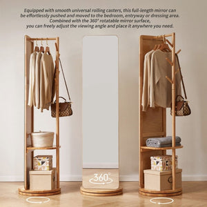 English Elm 360° Rotating Full Length Mirror with Rubberwood Frame Hooks Shelves for Bedroom W5368P514490