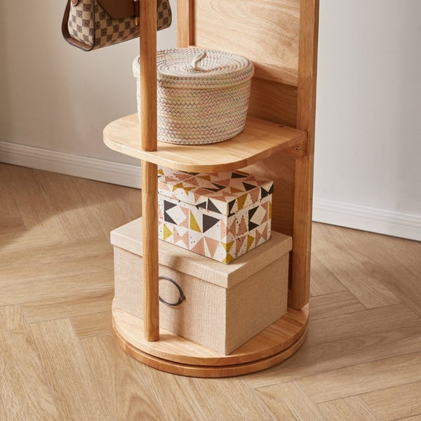 English Elm 360° Rotating Full Length Mirror with Rubberwood Frame Hooks Shelves for Bedroom W5368P514490
