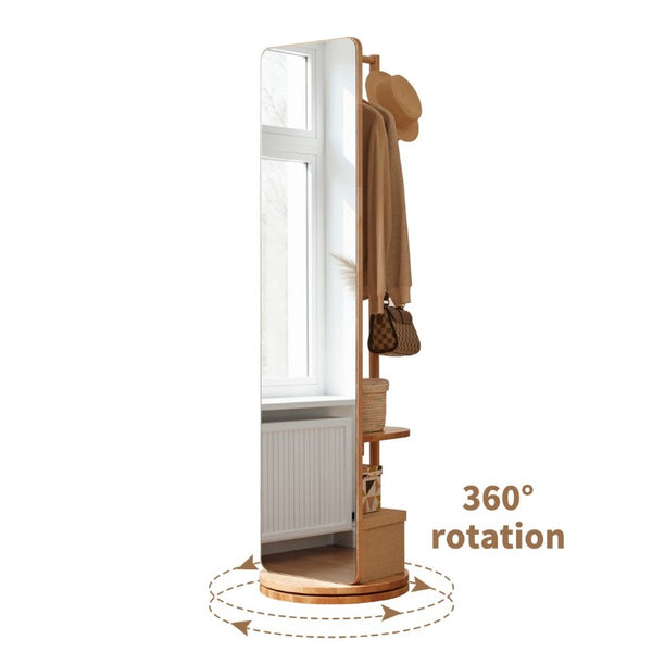 English Elm 360° Rotating Full Length Mirror with Rubberwood Frame Hooks Shelves for Bedroom W5368P514490