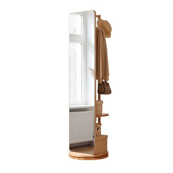English Elm 360° Rotating Full Length Mirror with Rubberwood Frame Hooks Shelves for Bedroom W5368P514490
