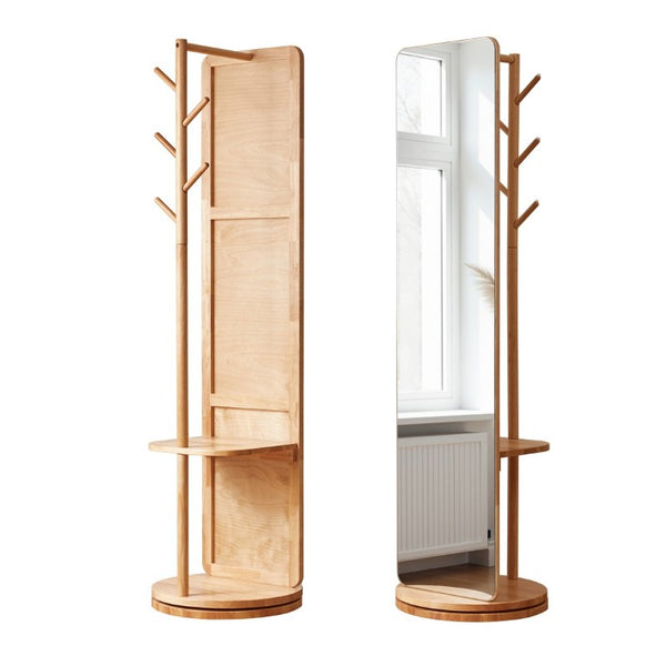 English Elm 360° Rotating Full Length Mirror with Rubberwood Frame Hooks Shelves for Bedroom W5368P514490