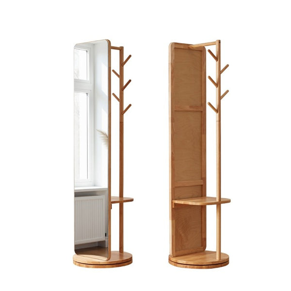 English Elm 360° Rotating Full Length Mirror with Rubberwood Frame Hooks Shelves for Bedroom W5368P514490