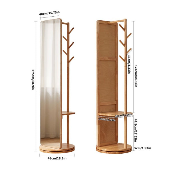 English Elm 360° Rotating Full Length Mirror with Rubberwood Frame Hooks Shelves for Bedroom W5368P514490