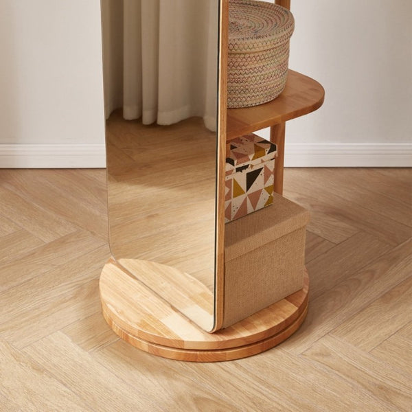 English Elm 360° Rotating Full Length Mirror with Rubberwood Frame Hooks Shelves for Bedroom W5368P514490