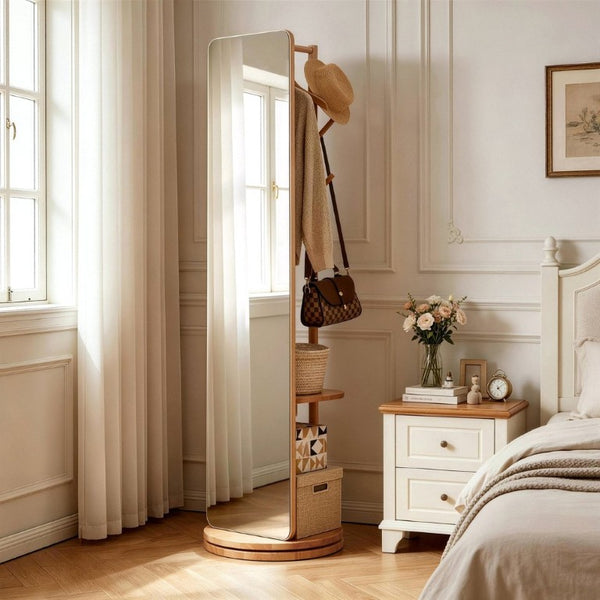 English Elm 360° Rotating Full Length Mirror with Rubberwood Frame Hooks Shelves for Bedroom W5368P514490