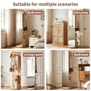 English Elm 360° Rotating Full Length Mirror with Rubberwood Frame Hooks Shelves for Bedroom W5368P514490