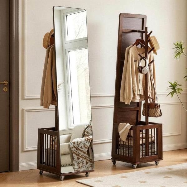 English Elm Solid Hardwood Rolling Garment Stand with Mirror Hooks and Basket Walnut Entryway W5368P515524