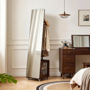 English Elm Solid Hardwood Rolling Garment Stand with Mirror Hooks and Basket Walnut Entryway W5368P515524