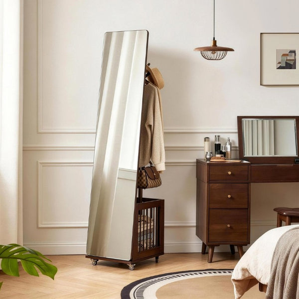 English Elm Solid Hardwood Rolling Garment Stand with Mirror Hooks and Basket Walnut Entryway W5368P515524