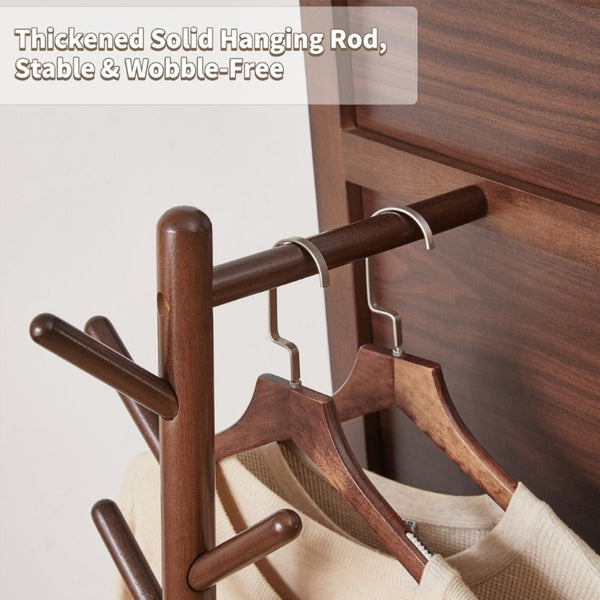English Elm Solid Hardwood Rolling Garment Stand with Mirror Hooks and Basket Walnut Entryway W5368P515524