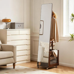 English Elm Solid Hardwood Rolling Garment Stand with Mirror Hooks and Basket Walnut Entryway W5368P515524