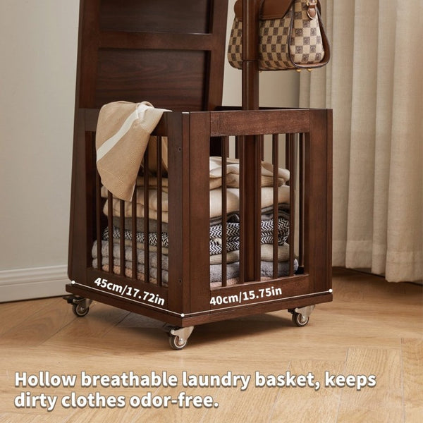 English Elm Solid Hardwood Rolling Garment Stand with Mirror Hooks and Basket Walnut Entryway W5368P515524