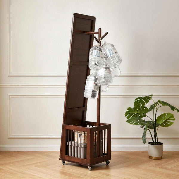 English Elm Solid Hardwood Rolling Garment Stand with Mirror Hooks and Basket Walnut Entryway W5368P515524